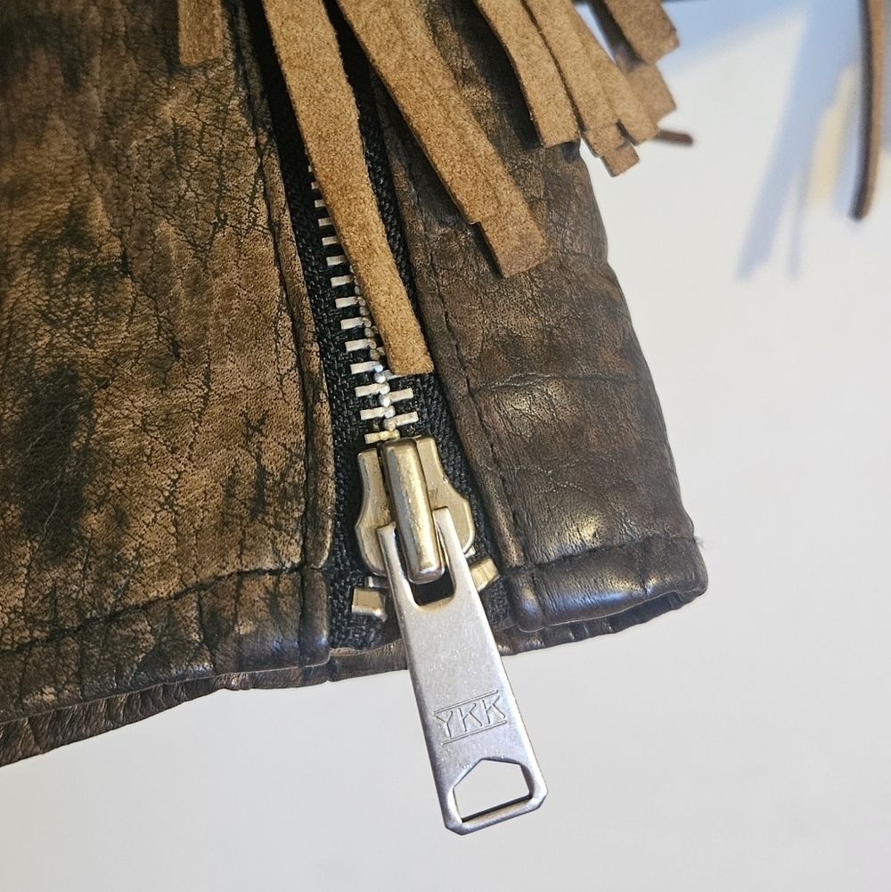 Vintage Western Fringe Real Leather Jacket Brown Distressed Boho Biker Cowgirl - Picture 10 of 16